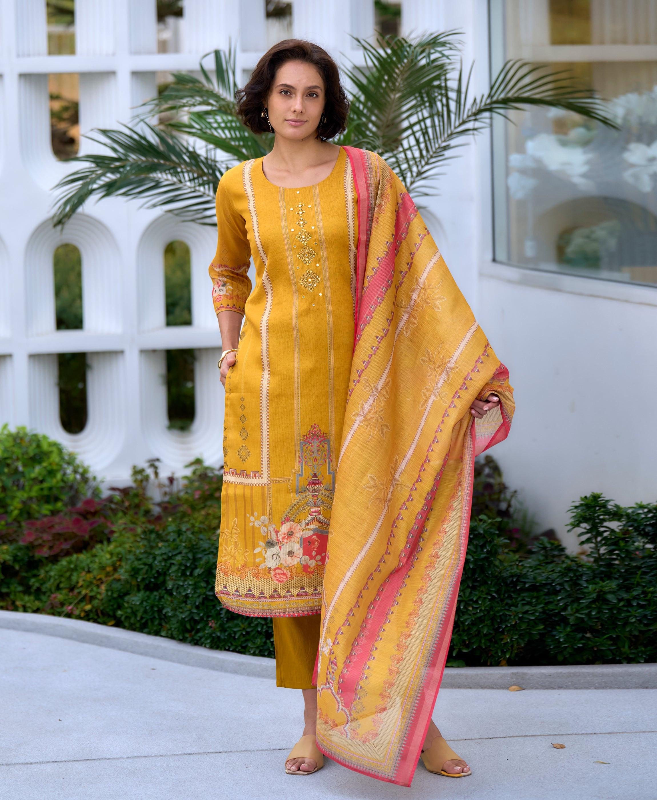 Yellow Silk Blend Geometric Straight Kurti Set